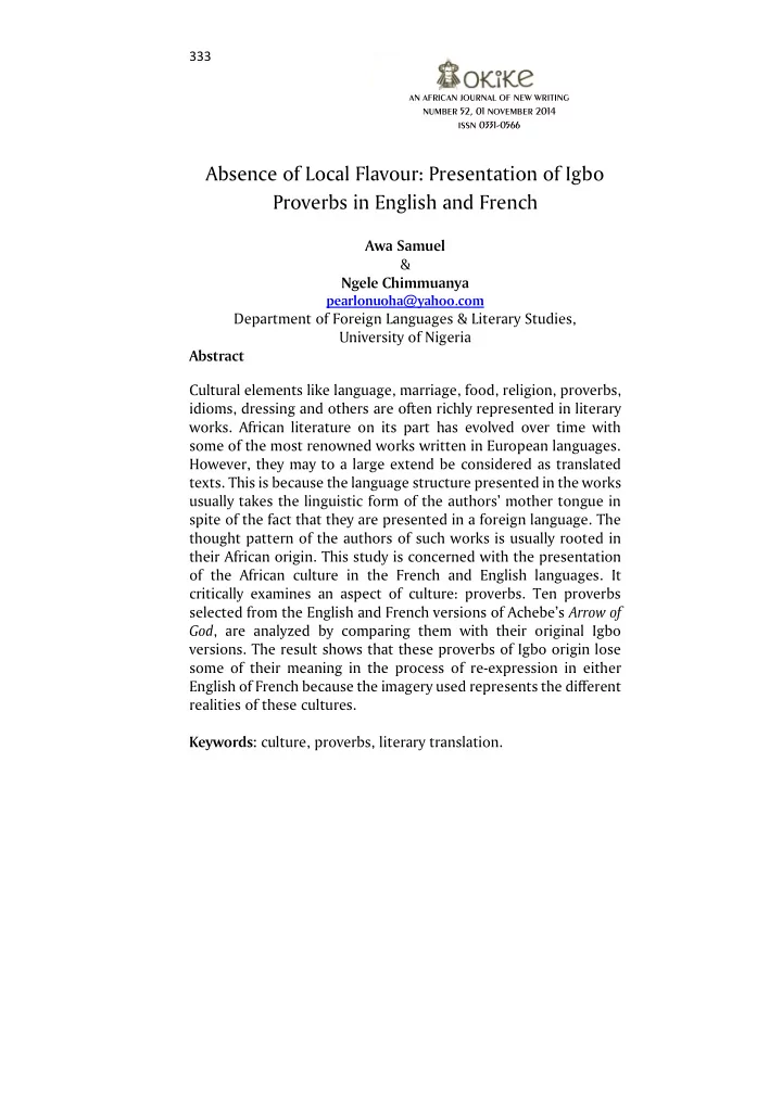 absence of local flavour presentation of igbo proverbs in
