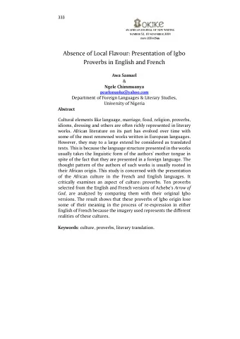Absence of Local Flavour: Presentation of Igbo  Proverbs in English and French  Awa Samuel  &amp;