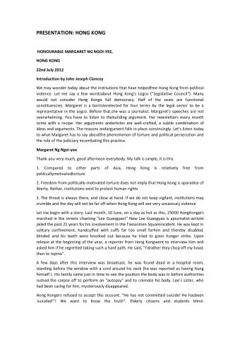 PRESENTATION: HONG KONG  HONOURABLE MARGARET NG NGOI-YEE,  HONG KONG 22nd July 2012  Introduction