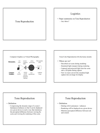 Logistics   Paper summaries on Tone Reproduction  Tone Reproduction   Any takers?  Computer