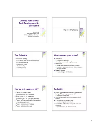 Quality Assurance:  Test Development &amp;  Execution  Implementing Testing  Ian S. King  Test