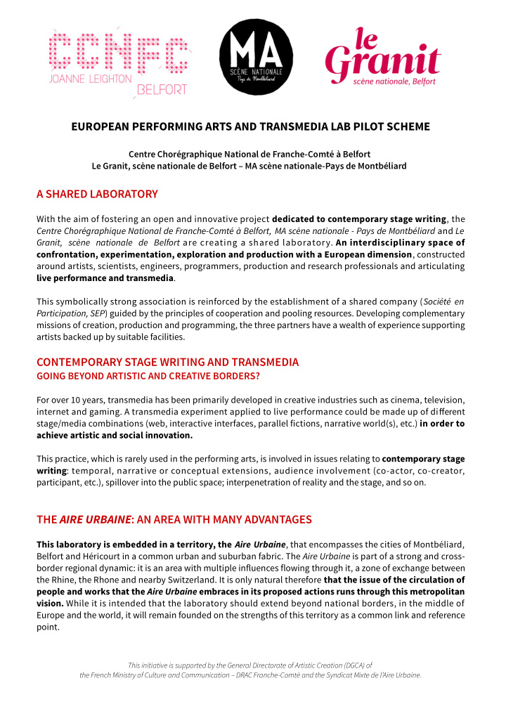 european performing arts and transmedia lab pilot scheme