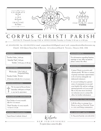 C O R P U S  C H R I S T I  P A R I S H PASTOR: Fr. Prasanth George CMI OFFICE HOURS: Tuesday to