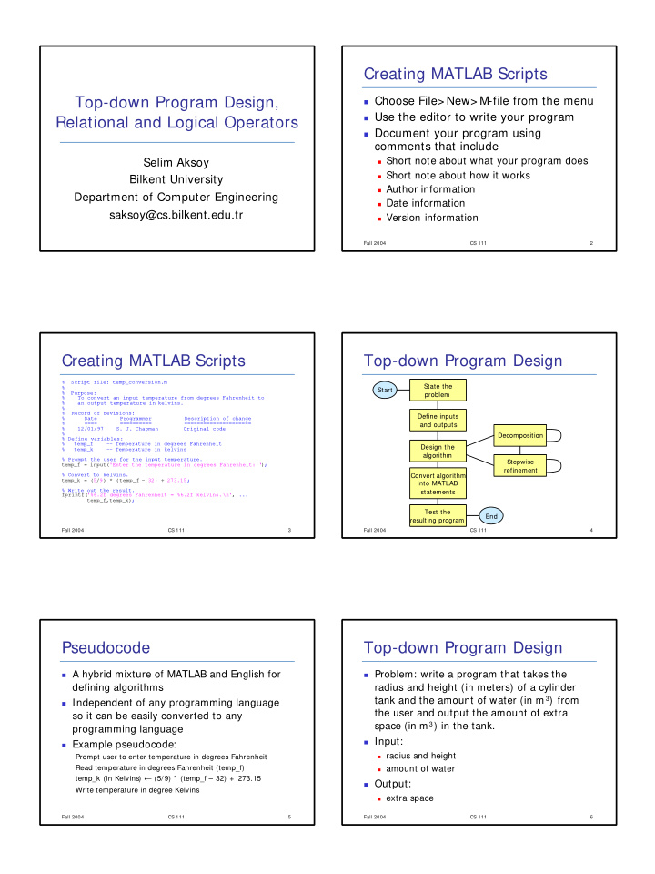 creating matlab scripts top down program design