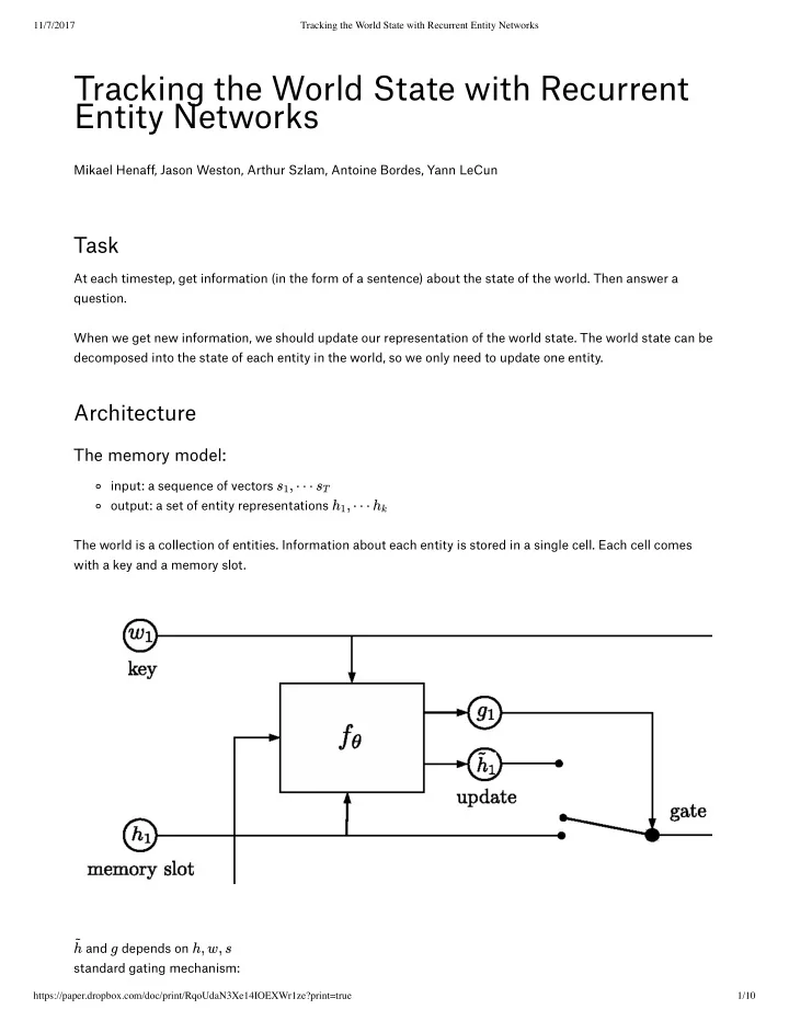 tracking the world state with recurrent entity networks