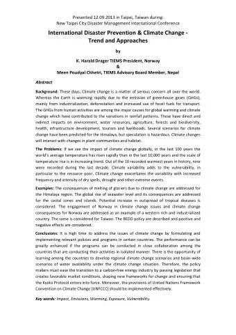 International Disaster Prevention &amp; Climate Change -  Trend and Approaches  by  K. Harald