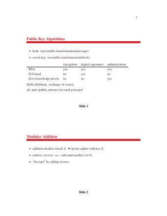 Public Key Algorithms  hash: irreversible transformation(message)  secret key: reversible