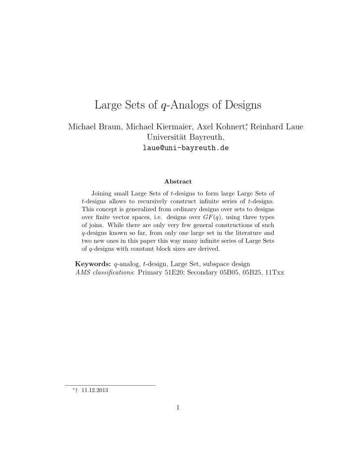 large sets of q analogs of designs