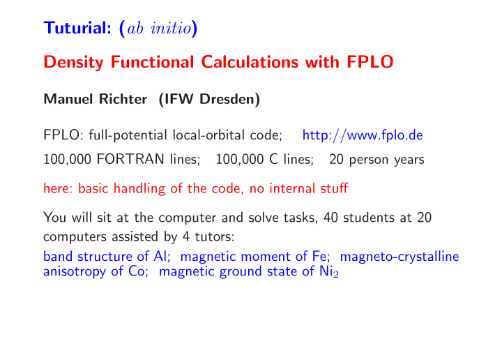 tuturial ab initio density functional calculations with