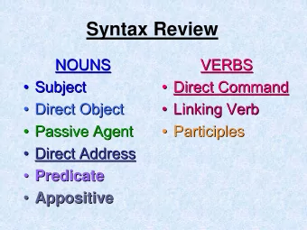 Syntax Review  NOUNS  VERBS  NOUNS  VERBS   Subject  Subject   Direct Command  Direct Command