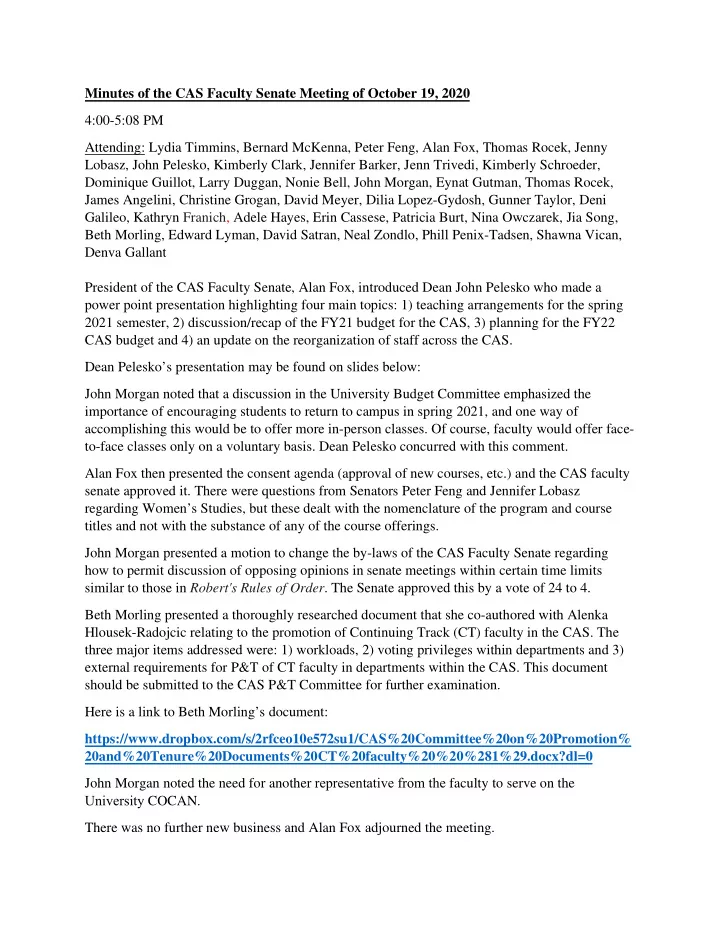 minutes of the cas faculty senate meeting of october 19