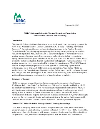 February 20, 2013  NRDC Statement before the Nuclear Regulatory Commission  on Uranium Extraction