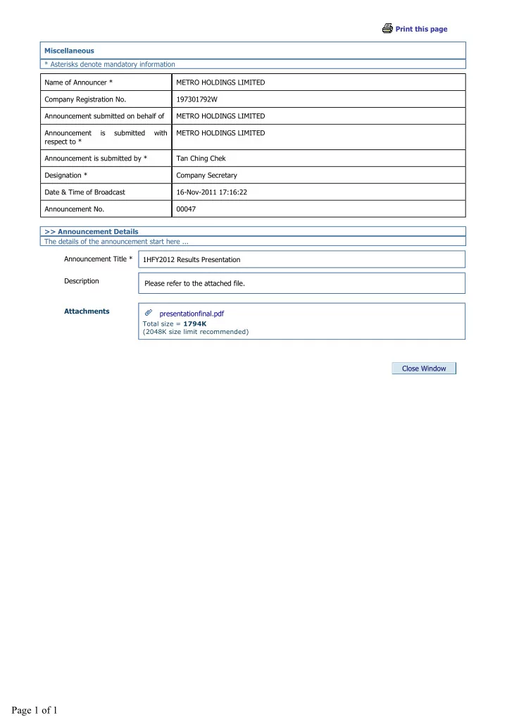 page 1 of 1 metro holdings limited