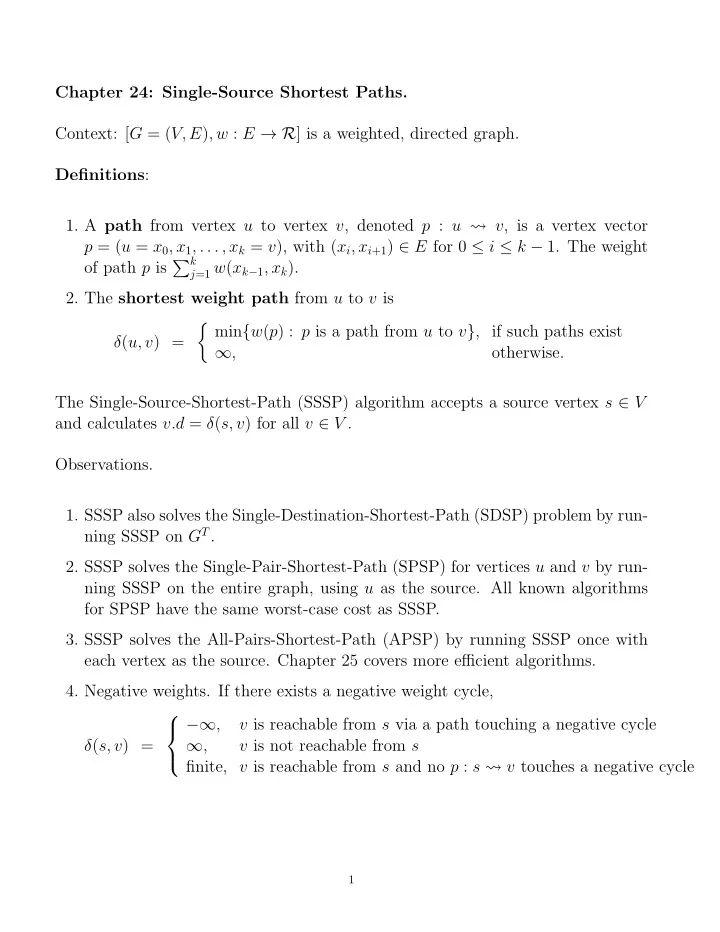 chapter 24 single source shortest paths context g v e w e