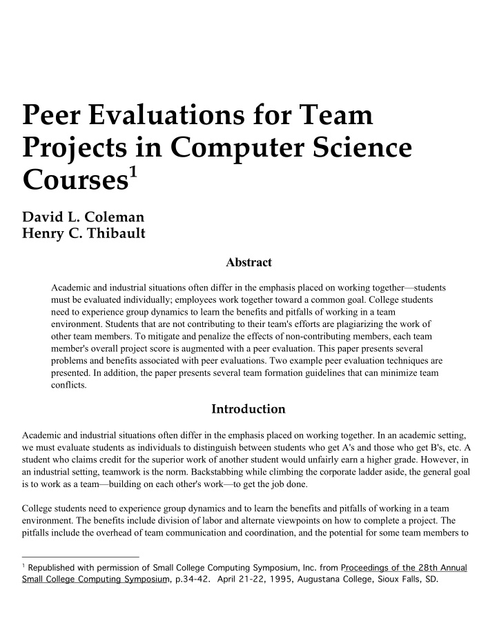 peer evaluations for team projects in computer science