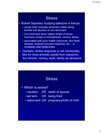 Stress  Robert Sapolsky studying baboons in Kenya  social order includes dominant males being