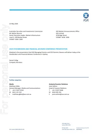 For personal use only  Australian Securities and Investments Commission  ASX Market Announcements
