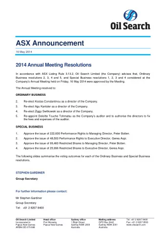 ASX Announcement  16 May 2014  2014 Annual Meeting Resolutions  In accordance with ASX Listing Rule