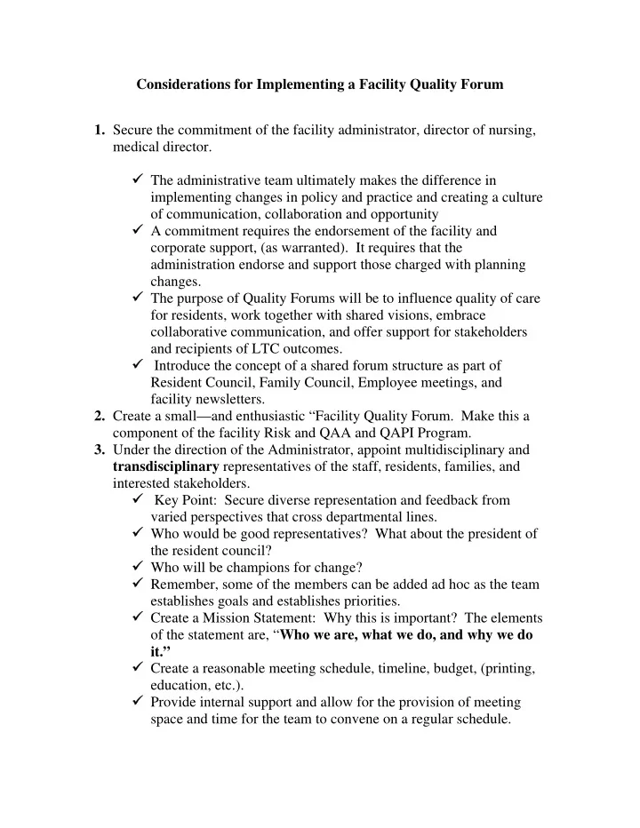 considerations for implementing a facility quality forum