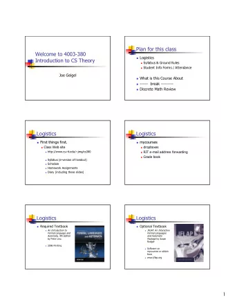 Plan for this class  Welcome to 4003-380  Logistics  Introduction to CS Theory  Syllabus