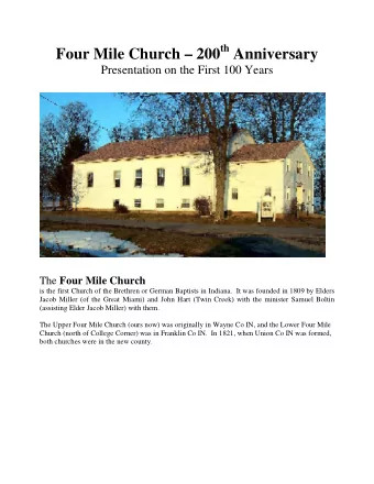 Four Mile Church  200 th Anniversary  Presentation on the First 100 Years The Four Mile Church
