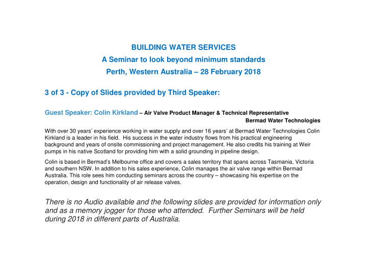 building water services a seminar to look beyond minimum