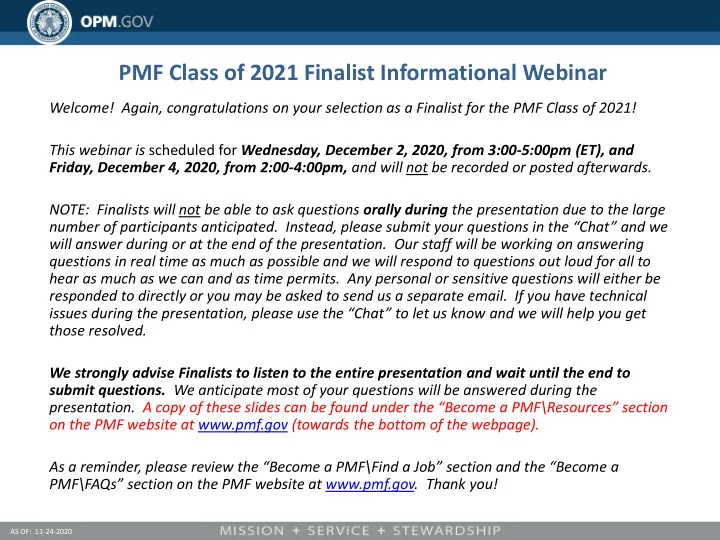 pmf class of 2021 finalist informational webinar