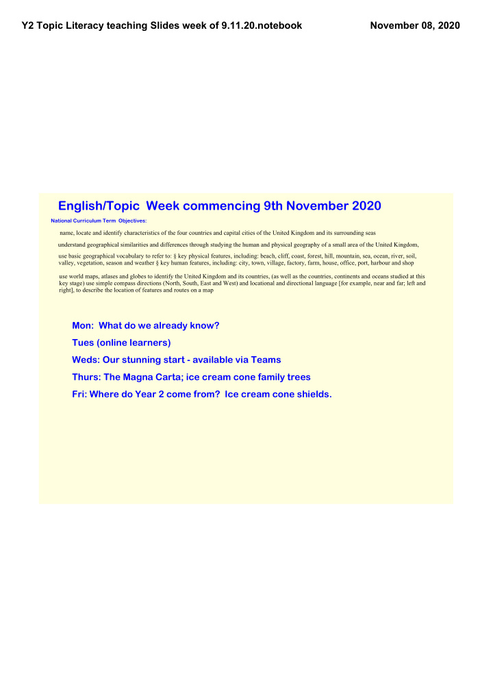 english topic week commencing 9th november 2020