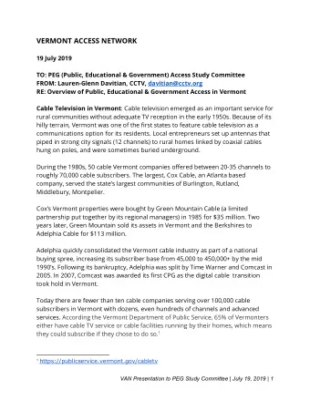VERMONT ACCESS NETWORK  19 July 2019  TO: PEG (Public, Educational &amp; Government) Access Study