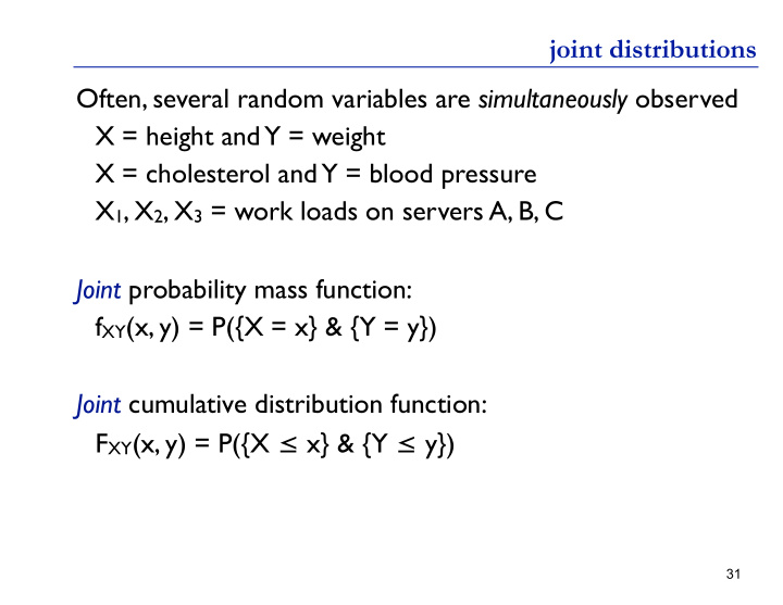 joint distributions often several random variables are