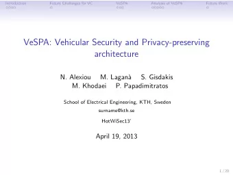 VeSPA: Vehicular Security and Privacy-preserving  architecture  N. Alexiou  M. Lagan`  a  S.