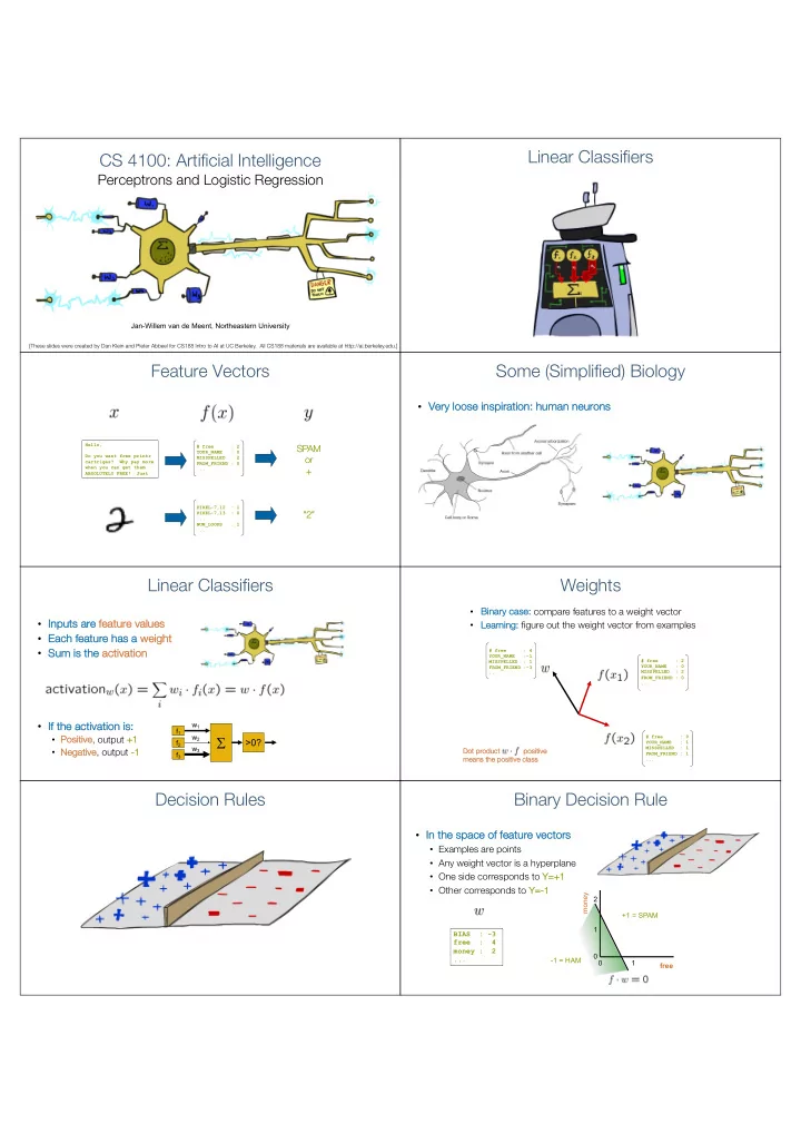 linear classifiers cs 4100 artificial intelligence