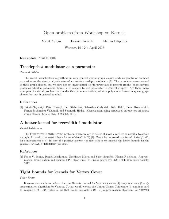 open problems from workshop on kernels