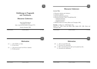 Discourse Coherence  Lecture Plan:  Einf  uhrung in Pragmatik  Discourse cohesion and