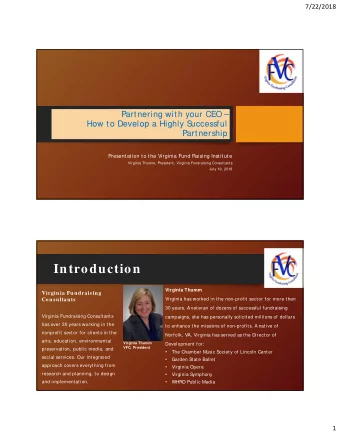 Introduction  Virginia Thumm  Virginia Fundraising  Virginia has worked in the non-profit sector