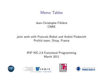 Memo Tables  Jean-Christophe Filli  atre  CNRS joint work with Fran c ois Bobot and Andrei