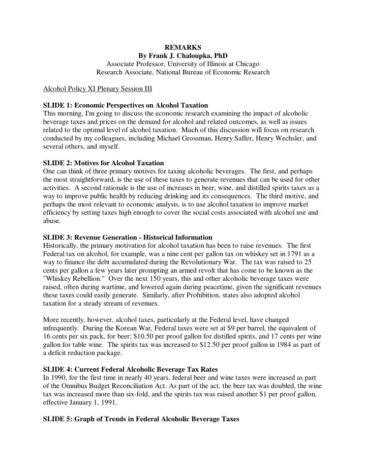 remarks by frank j chaloupka phd associate professor