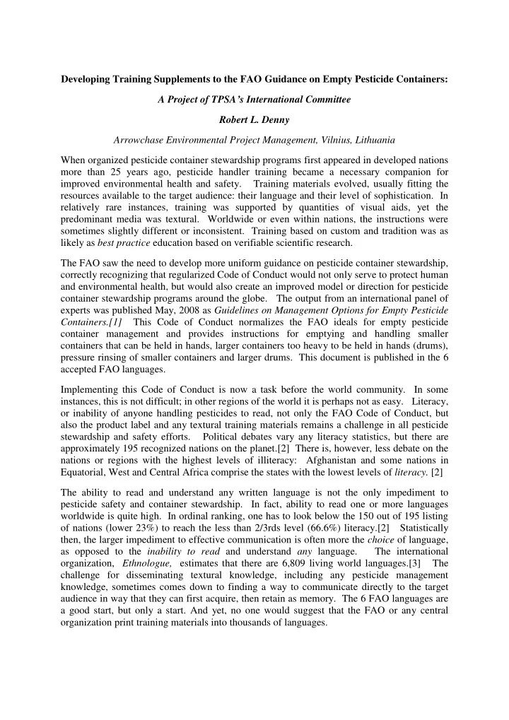 developing training supplements to the fao guidance on