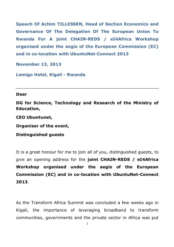 Speech Of Achim TILLESSEN, Head of Section Economics and  Governance Of The Delegation Of The