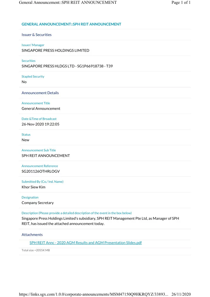 general announcement sph reit announcement page 1 of 1