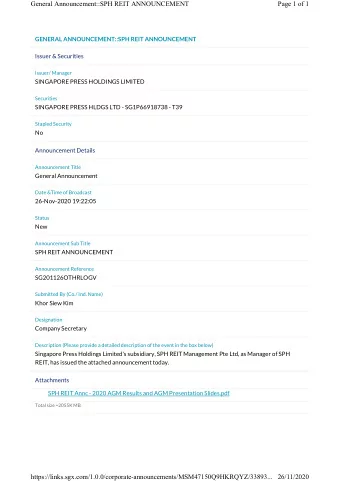 General Announcement::SPH REIT ANNOUNCEMENT  Page 1 of 1  GENERAL ANNOUNCEMENT::SPH REIT