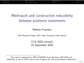 Weihrauch and constructive reducibility  between existence statements  Makoto Fujiwara  JSPS