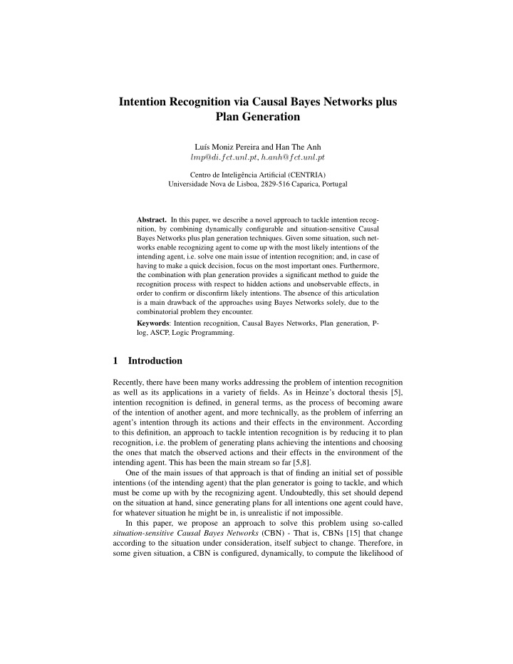intention recognition via causal bayes networks plus plan