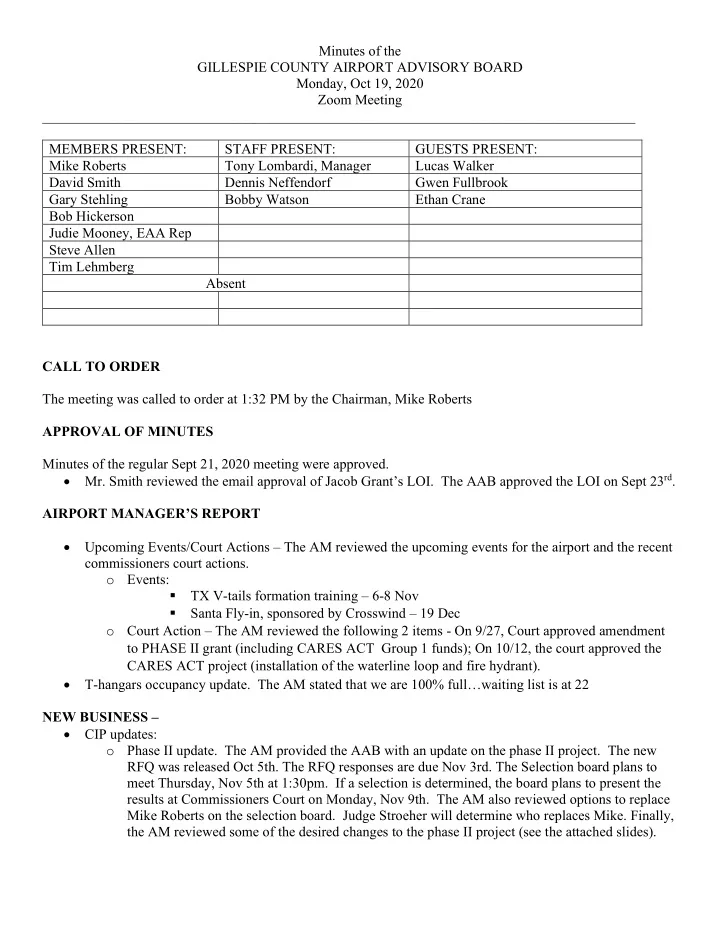 minutes of the gillespie county airport advisory board