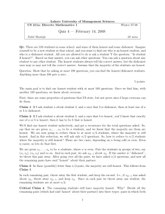 Quiz 4  February 14, 2008  Nabil Mustafa  20 mins Q1. There are 100 students in some school, and