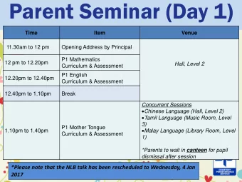 Parent Seminar (Day 1)  Time  Item  Venue  11.30am to 12 pm  Opening Address by Principal  P1