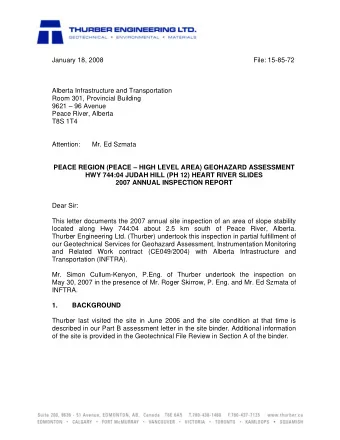 January 18, 2008  File: 15-85-72  Alberta Infrastructure and Transportation  Room 301, Provincial