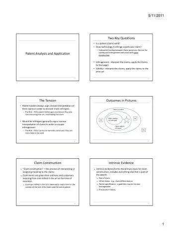 5/11/2011  Two Key Questions  Is a patent (claim) valid?  Does technology X infringe a