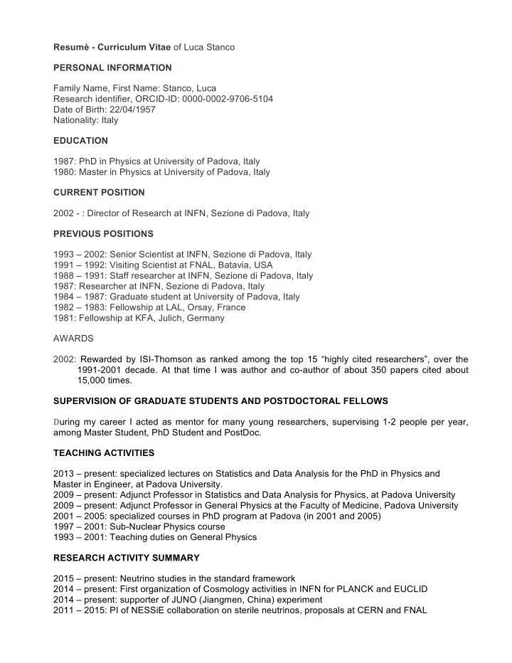 resum curriculum vitae of luca stanco personal