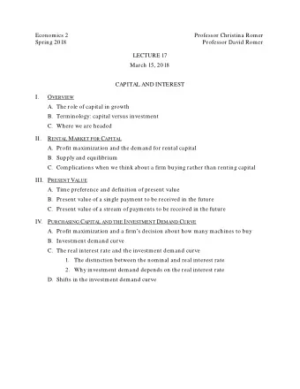 Economics 2  Professor Christina Romer  Spring 2018  Professor David Romer  LECTURE 17  March 15,